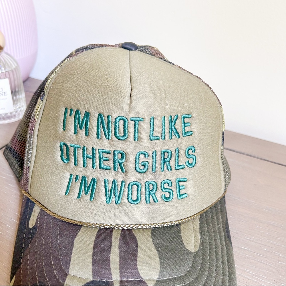 Snap Back Hat "I'm Not Like Other Girls, I'm Worse" Graphic Hat NEW Camo Green - Picture 2 of 4